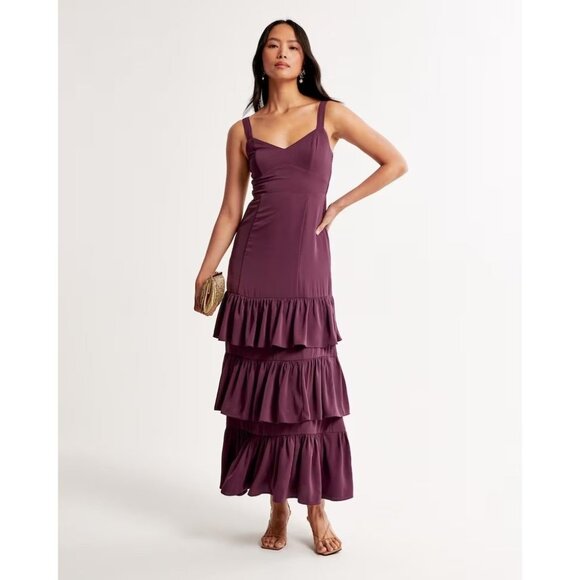 ABERCROMBIE & FITCH Purple Satin Ruffle Tiered Maxi Dress, Size L - Picture 1 of 7